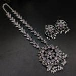 Silver Plated Oxidised Round Shape Pendent with Matching Earrings For Girls - "Baby Pink"