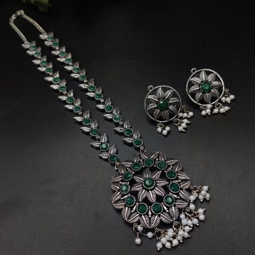 Silver Plated Oxidised Round Shape Pendent with Matching Earrings For Girls - Image 3