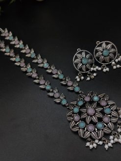 Silver Plated Oxidised Round Shape Pendent with Matching Earrings For Girls