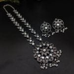 Silver Plated Oxidised Round Shape Pendent with Matching Earrings For Girls - "White"