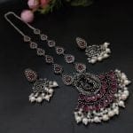 Radha Krishna Stone Work Oxidised Silver Plated Long Necklace Set For Girls - "Pink"