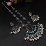 Radha Krishna Stone Work Oxidised Silver Plated Long Necklace Set For Girls