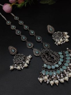 Radha Krishna Stone Work Oxidised Silver Plated Long Necklace Set For Girls