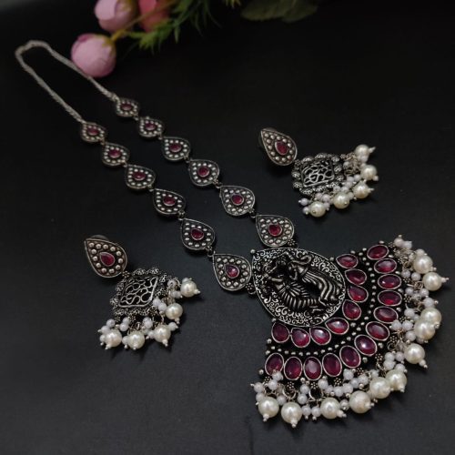 Radha Krishna Stone Work Oxidised Silver Plated Long Necklace Set For Girls - Image 2
