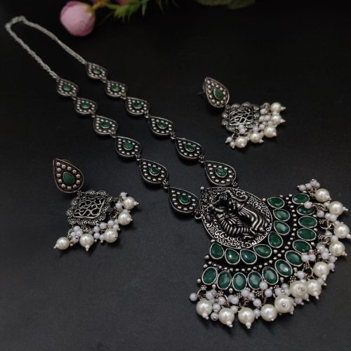 Radha Krishna Stone Work Oxidised Silver Plated Long Necklace Set For Girls - Image 5
