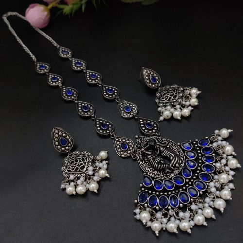 Radha Krishna Stone Work Oxidised Silver Plated Long Necklace Set For Girls - Image 4