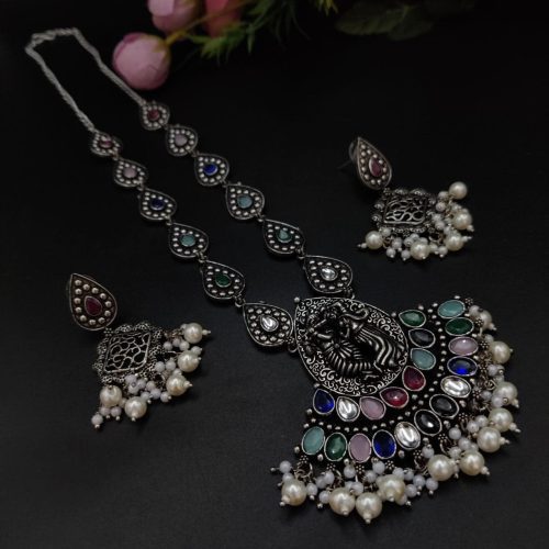 Radha Krishna Stone Work Oxidised Silver Plated Long Necklace Set For Girls - Image 6