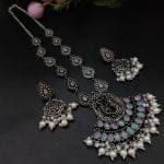 Radha Krishna Stone Work Oxidised Silver Plated Long Necklace Set For Girls - "Baby Pink Mint"