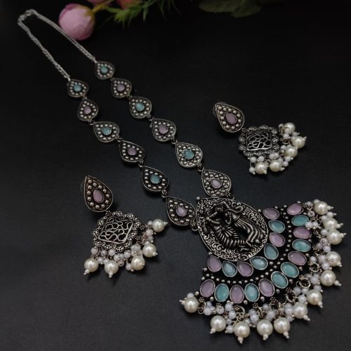 Radha Krishna Stone Work Oxidised Silver Plated Long Necklace Set For Girls - Image 9