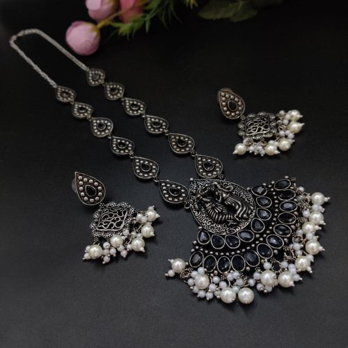 Radha Krishna Stone Work Oxidised Silver Plated Long Necklace Set For Girls - Image 8