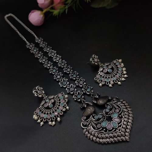 Peacock Design Long Oxidised Silver Plated Necklace Set For Girls - Image 2