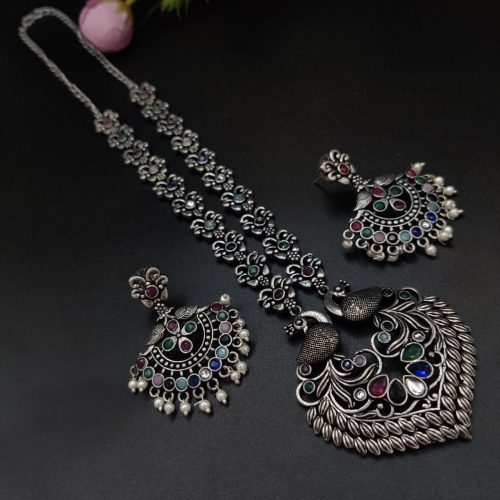 Peacock Design Long Oxidised Silver Plated Necklace Set For Girls - Image 3