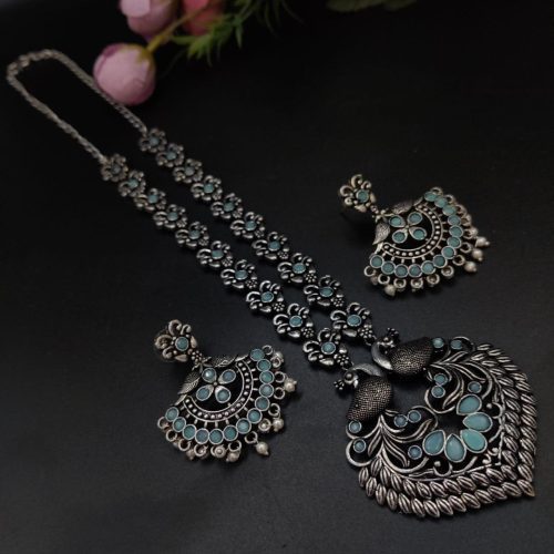 Peacock Design Long Oxidised Silver Plated Necklace Set For Girls - Image 4