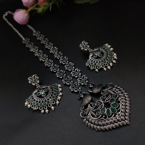 Peacock Design Long Oxidised Silver Plated Necklace Set For Girls - Image 6