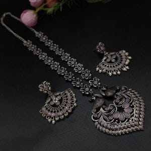 Peacock Design Long Oxidised Silver Plated Necklace Set For Girls - Color: "Baby Pink"