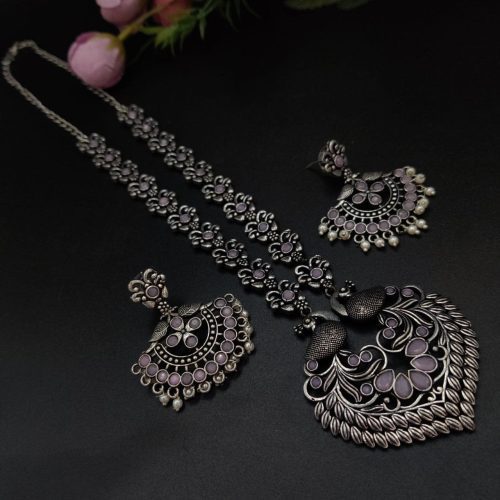 Peacock Design Long Oxidised Silver Plated Necklace Set For Girls - Image 5