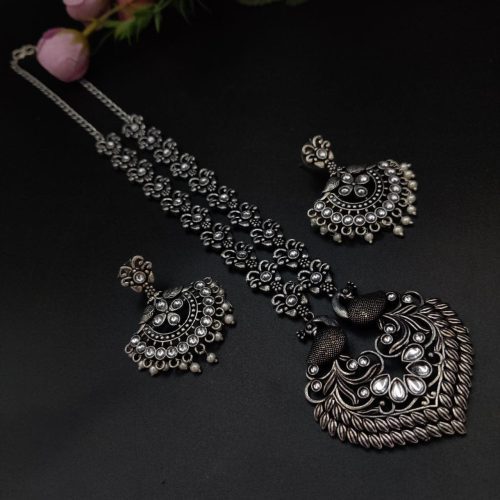 Peacock Design Long Oxidised Silver Plated Necklace Set For Girls - Image 7