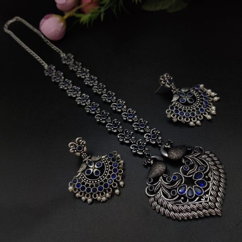 Peacock Design Long Oxidised Silver Plated Necklace Set For Girls - Image 8