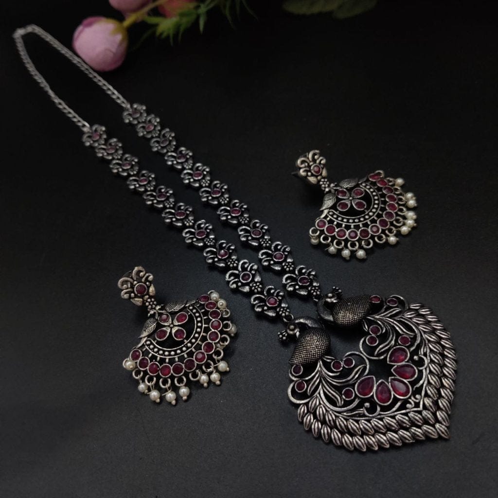 Peacock Design Long Oxidised Silver Plated Necklace Set For Girls