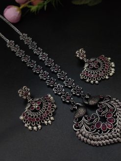 Peacock Design Long Oxidised Silver Plated Necklace Set For Girls