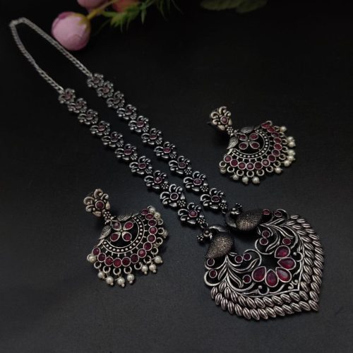 Peacock Design Long Oxidised Silver Plated Necklace Set For Girls
