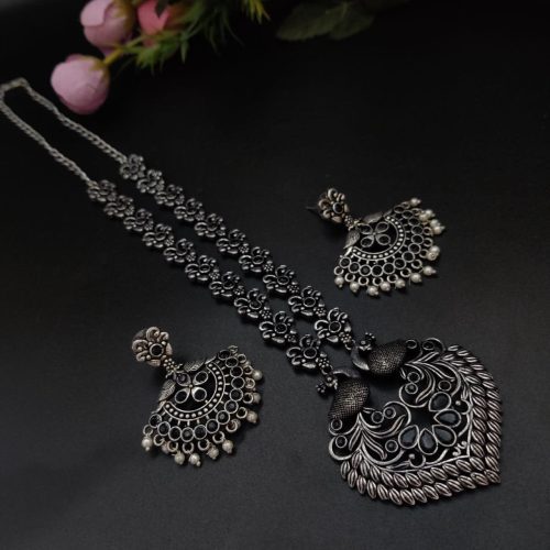 Peacock Design Long Oxidised Silver Plated Necklace Set For Girls - Image 10