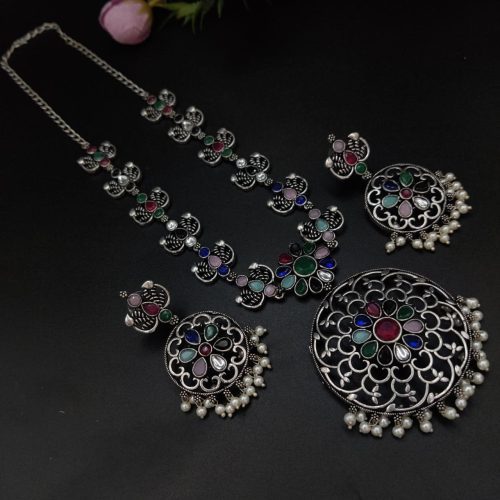 Party-wear Stone Work Oxidised Silver Plated Long Necklace Set For Girls - Image 2