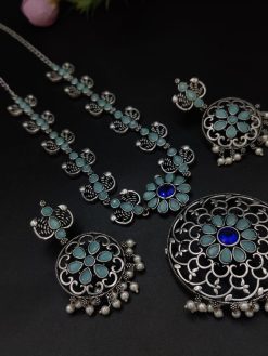 Party-wear Stone Work Oxidised Silver Plated Long Necklace Set For Girls