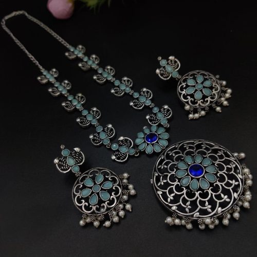 Party-wear Stone Work Oxidised Silver Plated Long Necklace Set For Girls