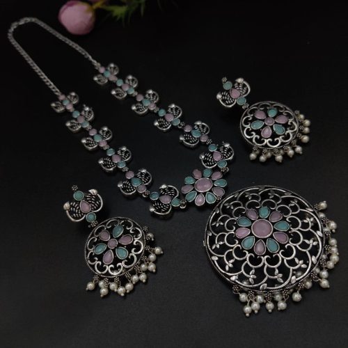 Party-wear Stone Work Oxidised Silver Plated Long Necklace Set For Girls - Image 4
