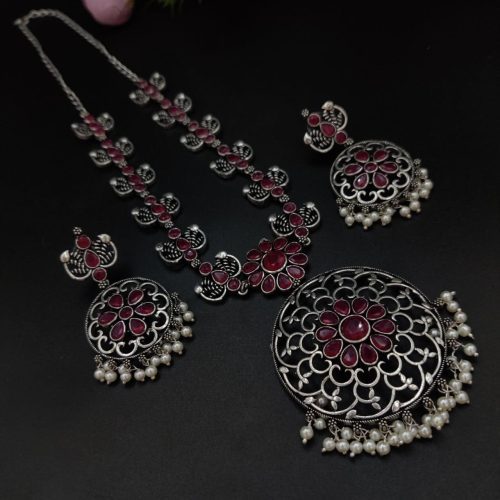 Party-wear Stone Work Oxidised Silver Plated Long Necklace Set For Girls - Image 5