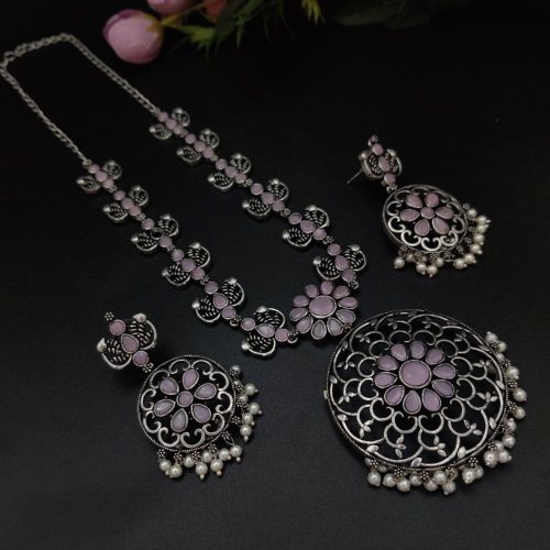 Party-wear Stone Work Oxidised Silver Plated Long Necklace Set For Girls - Image 7
