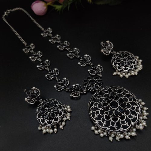 Party-wear Stone Work Oxidised Silver Plated Long Necklace Set For Girls - Image 6