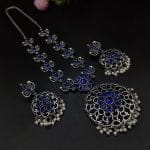 Bulk 10 Party-wear Stone Work Oxidised Silver Plated Long Necklace Set For Girls - "Blue"