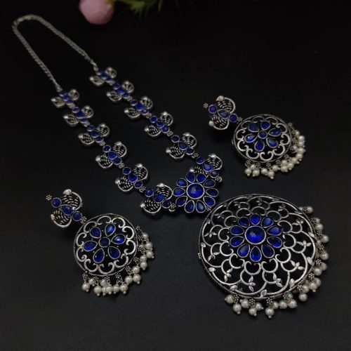 Party-wear Stone Work Oxidised Silver Plated Long Necklace Set For Girls - Image 8