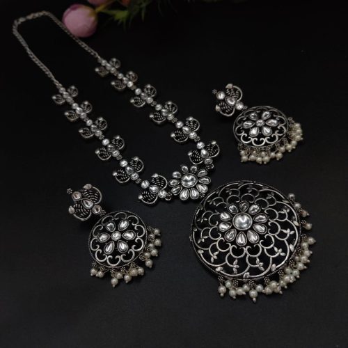 Party-wear Stone Work Oxidised Silver Plated Long Necklace Set For Girls - Image 9