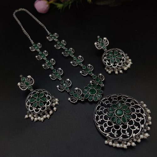 Party-wear Stone Work Oxidised Silver Plated Long Necklace Set For Girls - Image 10