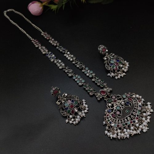 Party-wear Stone Work Oxidised Silver Plated Long Necklace Set For Girls - Image 3