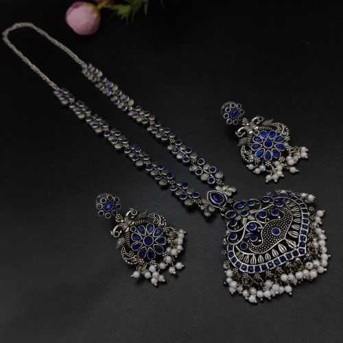Party-wear Stone Work Oxidised Silver Plated Long Necklace Set For Girls - Image 4