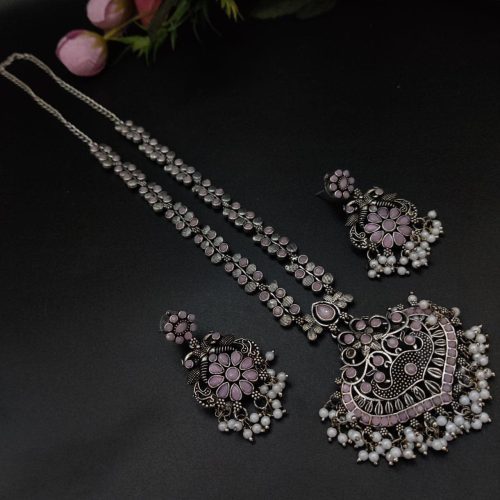 Party-wear Stone Work Oxidised Silver Plated Long Necklace Set For Girls