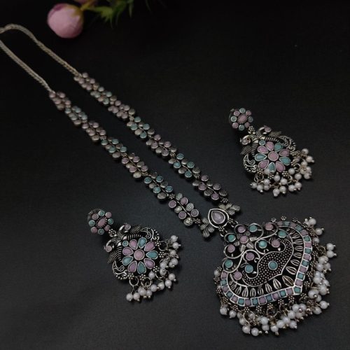 Party-wear Stone Work Oxidised Silver Plated Long Necklace Set For Girls - Image 5