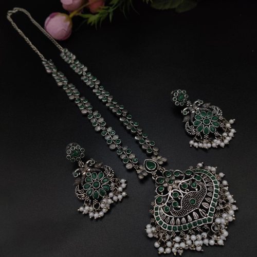 Party-wear Stone Work Oxidised Silver Plated Long Necklace Set For Girls - Image 7
