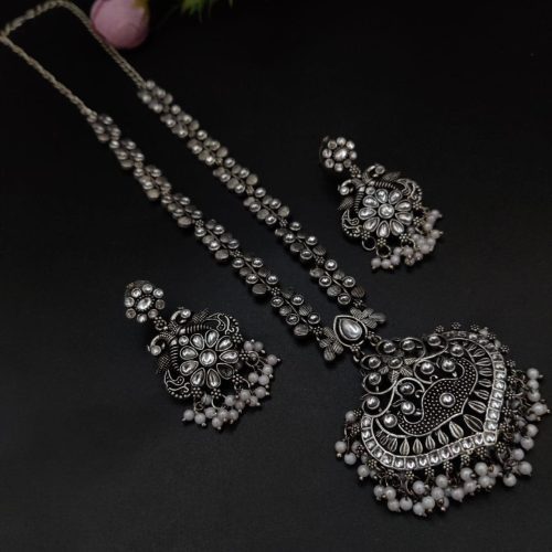 Party-wear Stone Work Oxidised Silver Plated Long Necklace Set For Girls - Image 8