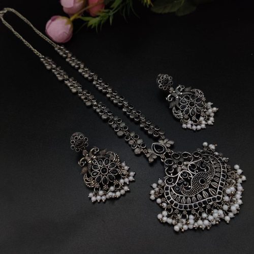 Party-wear Stone Work Oxidised Silver Plated Long Necklace Set For Girls - Image 10