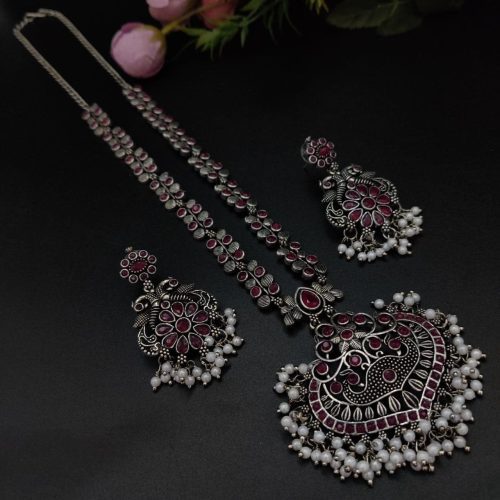 Party-wear Stone Work Oxidised Silver Plated Long Necklace Set For Girls - Image 9