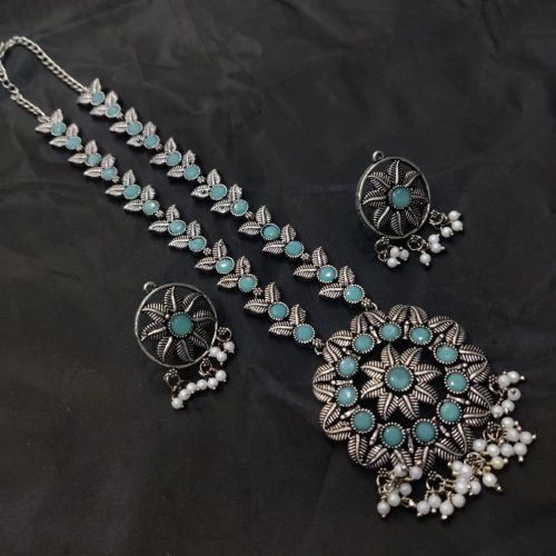 Silver Plated Oxidised Round Shape Pendent with Matching Earrings For Girls - Image 9