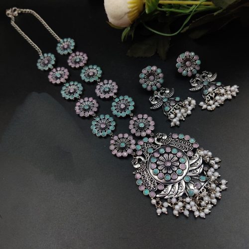 Silver Plated Oxidised Peacock Design Pendent with Matching Earrings - Image 2