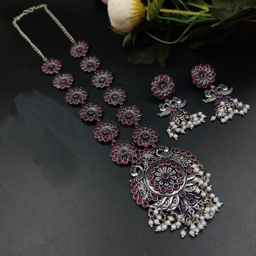 Silver Plated Oxidised Peacock Design Pendent with Matching Earrings