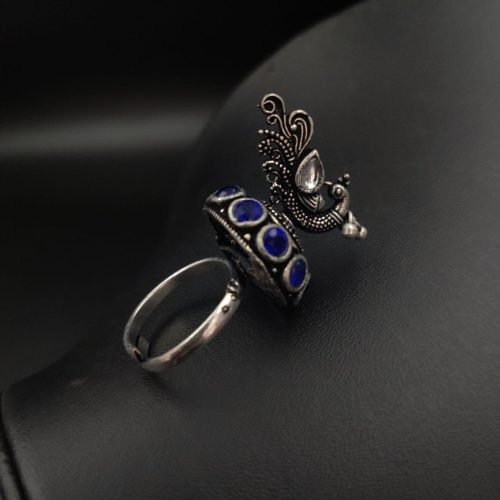 Oxidised Peacock Design Art Adjustable Ring For Girls - Image 2
