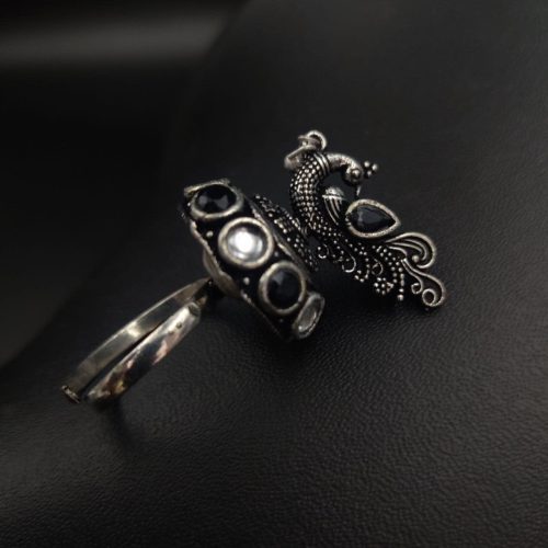 Oxidised Peacock Design Art Adjustable Ring For Girls - Image 3